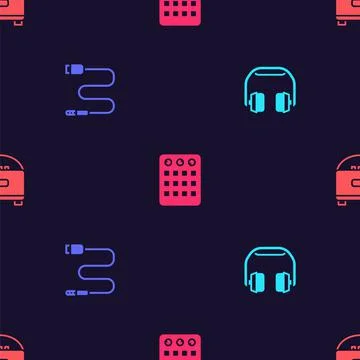 Set Headphones, Audio jack, Drum machine and Stereo speaker on seamless pattern Stock Illustration