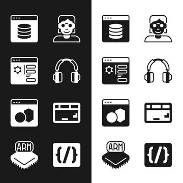 Set Headphones, Browser setting, Server, Data, Web Hosting, Hacker or coder 스톡 일러스트