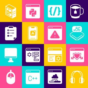 Set Headphones, Browser with shield, Processor microcircuits CPU, Programmi.. Stock Illustration