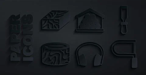 Set Headphones, Chisel tool, Tree stump, Hacksaw, Wooden logs and beam icon イラスト素材