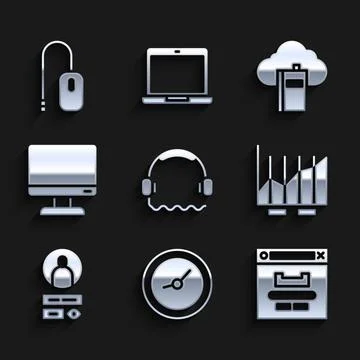 Set Headphones, Clock, Browser window, Pie chart infographic, Create account Illustrazione stock