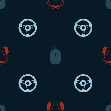 Set Headphones, Computer mouse and Racing simulator on seamless pattern. Vector Stock Illustration