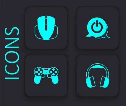 Set Headphones, Computer mouse, Power button and Game controller or joystick  Illustrazione stock
