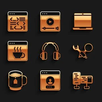 Set Headphones, Create account screen, Computer monitor, Debugging, Cup of .. Stock Illustration