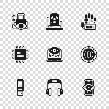 Set Headphones, Cryptocurrency coin Bitcoin, Computer vision, Mechanical ro.. Stock Illustration