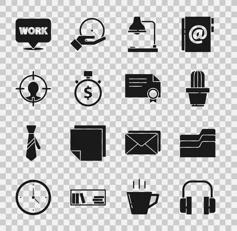 Set Headphones, Document folder, Cactus and succulent in pot, Table lamp, Time Stock Illustration