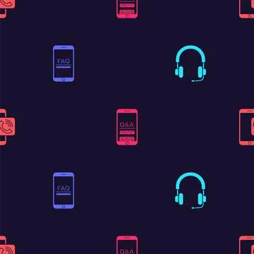 Set Headphones, Mobile with FAQ information, Question and Exclamation and call Stock Illustration