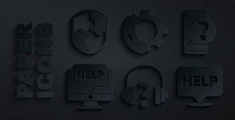 Set Headphones, Mobile with question, Computer monitor and help, Speech bubble Illustrazione stock