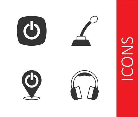 Set Headphones, Power button, and Microphone icon. Vector Stock Illustration