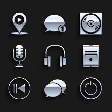 Set Headphones, Speech bubble chat, Power button, Tablet, Rewind, Microphone, Stock Illustration