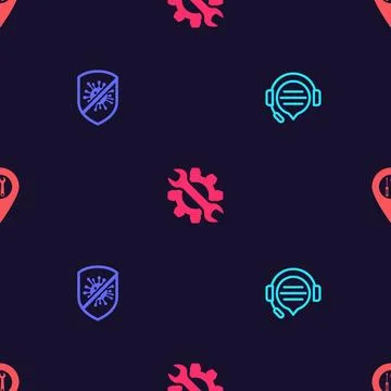 Set Headphones with speech bubble chat, Stop virus, bacteria, Wrench and gear Illustrazione stock