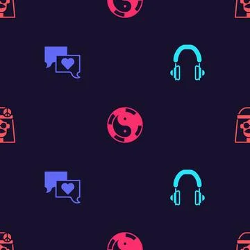 Set Headphones, Speech bubble chat, Yin Yang symbol and Hippie girl on seamless 스톡 일러스트
