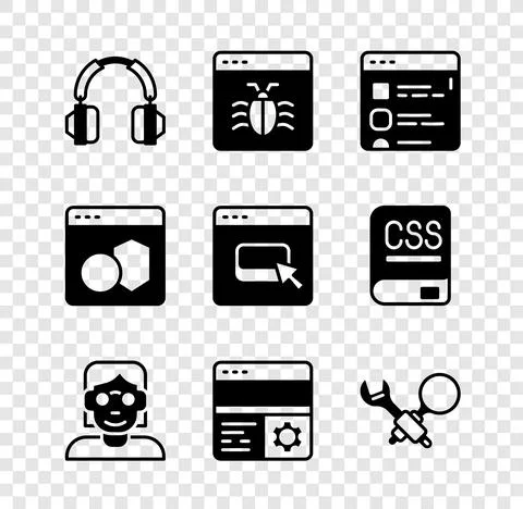 Set Headphones, System bug, Browser files, Hacker or coder, Debugging, Software Stock Illustration