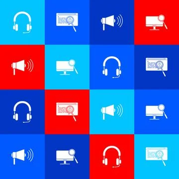 Set Headphones, System bug concept, Megaphone and Computer monitor diagnostics イラスト素材
