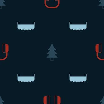 Set Headphones, Tree and Two-handed saw on seamless pattern. Vector Stock Illustration