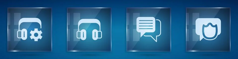 Set Headphoneswith settings, Speech bubble chat and . Square glass panels. .. Stock Illustration