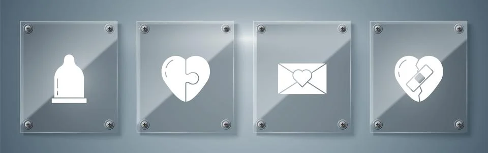 Set Healed broken heart, Envelope with Valentine, Heart and Condom. Square glass Stock Illustration