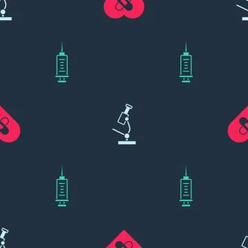 Set Healed broken heart, Microscope and Syringe on seamless pattern. Vector Stock Illustration