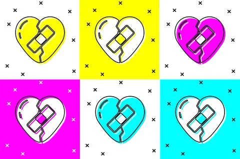 Set Healed broken heart or divorce icon isolated on color background. Shattered Stock Illustration