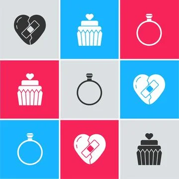 Set Healed broken heart, Wedding cake with and Diamond engagement ring icon Stock Illustration