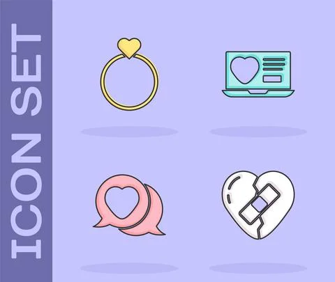 Set Healed broken heart, Wedding rings, Heart speech bubble and Dating app Stock Illustration