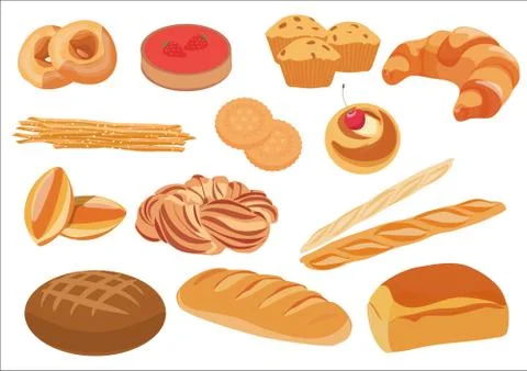 Set of healthy natural bread products and bakery items isolated Illustrazione stock