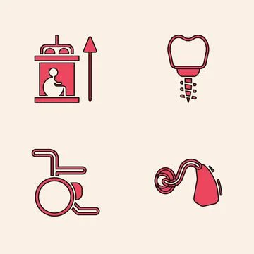 Set Hearing aid, Elevator for disabled, Dental implant and Wheelchair icon Illustrazione stock