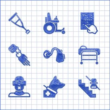 Set Hearing aid, Guide dog, Disabled elevator, Stretcher, Head of deaf and dumb Illustrazione stock