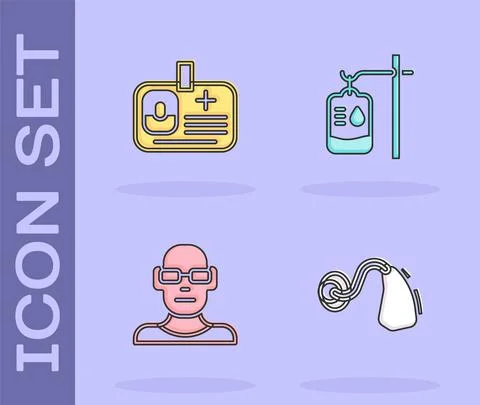 Set Hearing aid, Identification badge, Poor eyesight and IV bag icon. Vector Stock Illustration