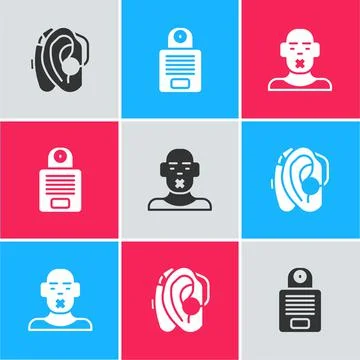 Set Hearing aid, Intercom and Head of deaf and dumb icon. Vector Illustrazione stock