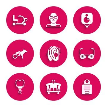 Set Hearing aid, Man without legs sitting wheelchair, Intercom, Blind glasses Stock Illustration