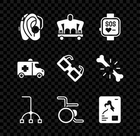 Set Hearing aid, Man without legs sitting wheelchair, Smart watch, Walking stick Stock Illustration