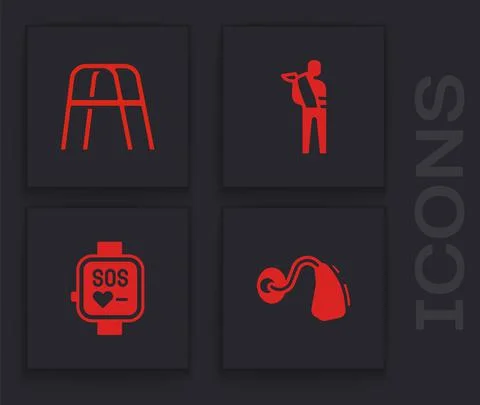 Set Hearing aid, Walker, Human broken arm and Smart watch icon. Vector イラスト素材