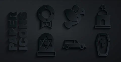 Set Hearse car, Old crypt, Grave with star of david, Coffin cross, Dove and Ilustración de archivo