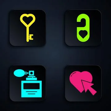 Set Heart and cursor click, Key in heart shape, Perfume and Please do not d.. Illustrazione stock