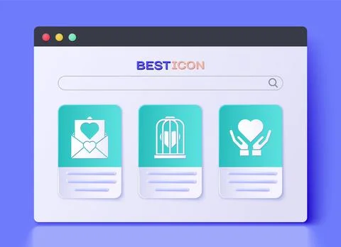 Set Heart in the bird cage, Envelope with Valentine heart and Heart on hand icon Stock Illustration