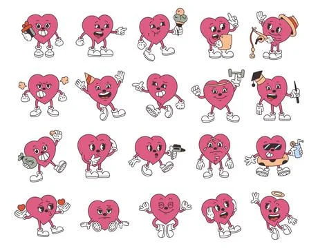 Set of heart characters with different emotions Stock Illustration