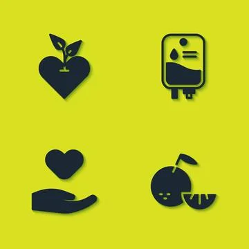Set Heart, Citrus fruit, in hand and IV bag icon. Vector Stock Illustration