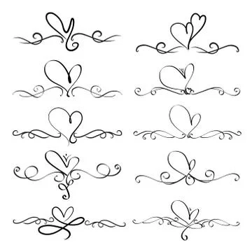 Set Of Heart Decorative Calligraphic Elements For Decoration. Handmade Vector Stock Illustration