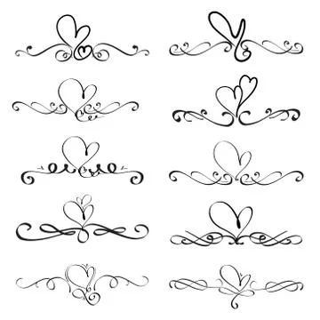Set Of Heart Decorative Calligraphic Elements For Decoration. Handmade Vector Stock Illustration