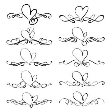 Set Of Heart Decorative Calligraphic Elements For Decoration. Handmade Vector Stock Illustration