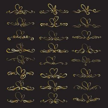 Set Of Heart Decorative Calligraphic Elements For Decoration. Handmade Vector Stock Illustration