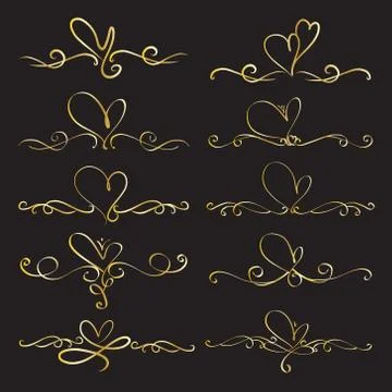 Set Of Heart Decorative Calligraphic Elements For Decoration. Handmade Vector Stock Illustration