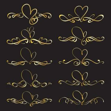 Set Of Heart Decorative Calligraphic Elements For Decoration. Handmade Vector Stock Illustration