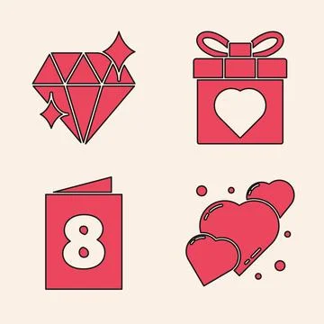 Set Heart, Diamond, Gift box and heart and Greeting card with 8 March icon... Stock Illustration