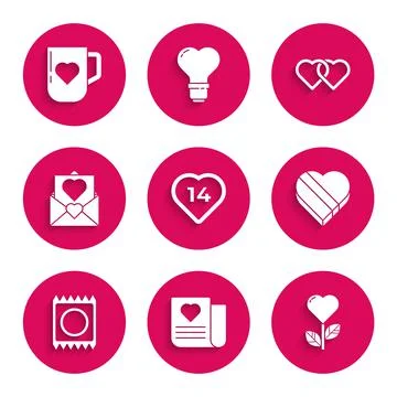 Set Heart, Envelope with Valentine heart, shape flower, Candy shaped box, Condom Stock-Illustration