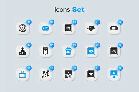 Set Like heart, Fire exit, Record button, Retro tv, Online play video, Plus.. Stock Illustration