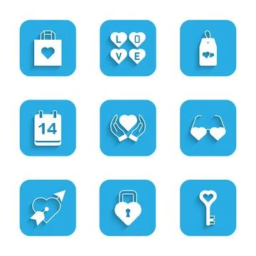 Set Heart in hand, Castle the shape of heart, Key, shaped love glasses, Amour Ilustración de archivo