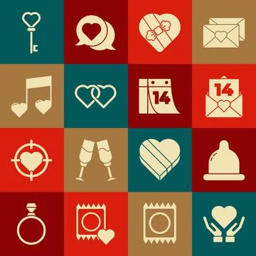 Set Heart on hand, Condom, Envelope with Valentine heart, Candy shaped box, Two Stock-Illustration