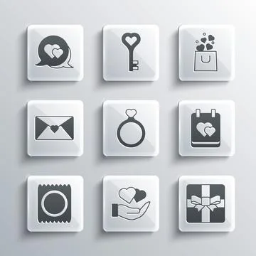 Set Heart in hand, Gift box, Calendar with heart, Wedding rings, Condom pac.. Stock-Illustration